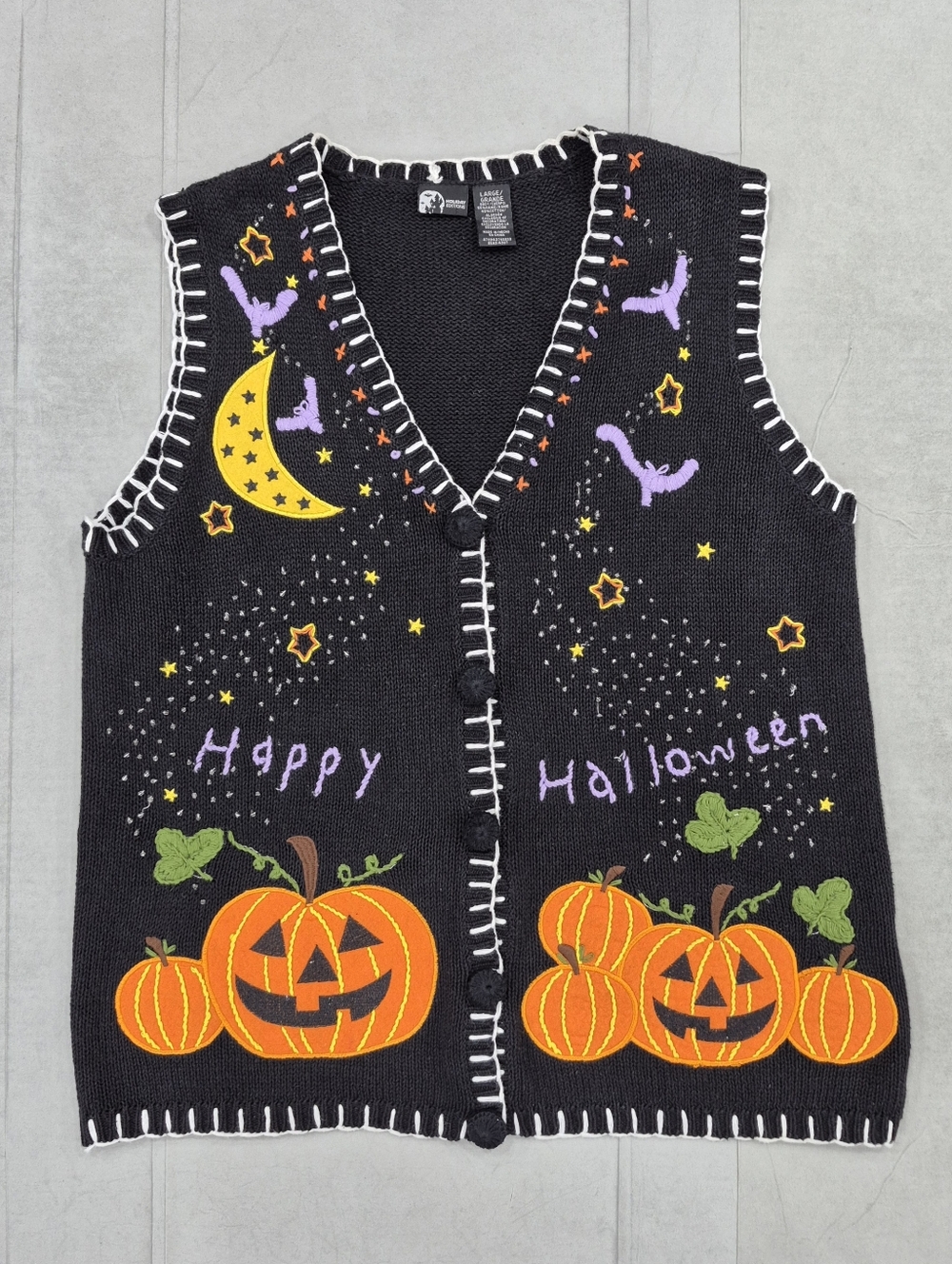 Vtg Holiday Editions Halloween sweater vest women's Lg black Jack-O-lantern bats